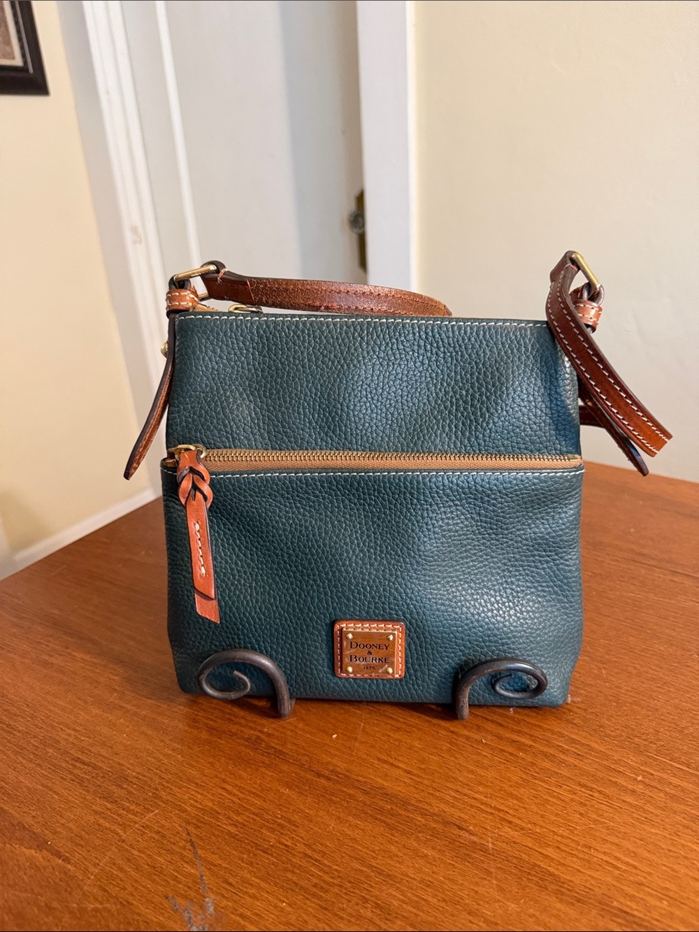 Dooney & Bourke Teal Pebble Leather Crossbody with Brown Trim